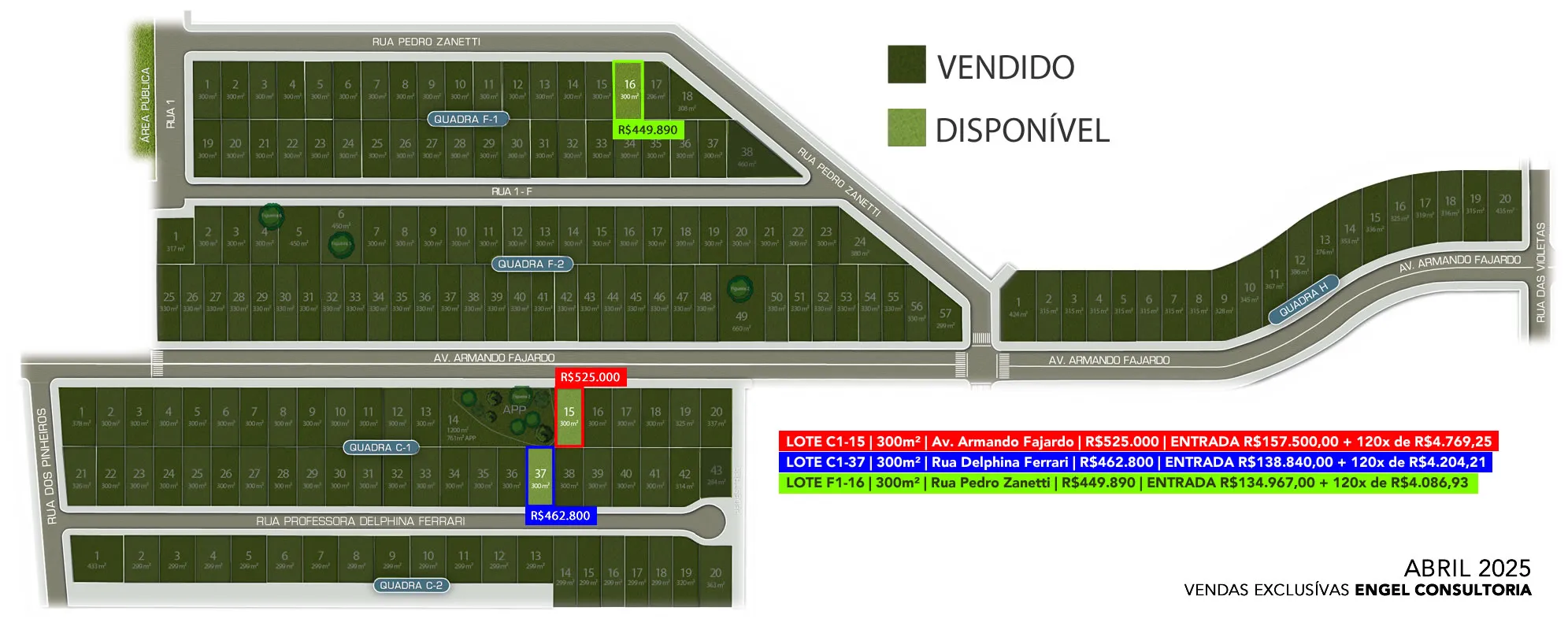 Planta de implantação com os lotes disponíveis no Morada do Campus
